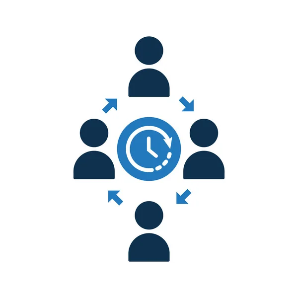 Pessoas conectando ícone. Ícone da comunidade com sinal de tempo. Ícone de trabalho em equipe e contagem regressiva, prazo, cronograma, símbolo de planejamento —  Vetores de Stock