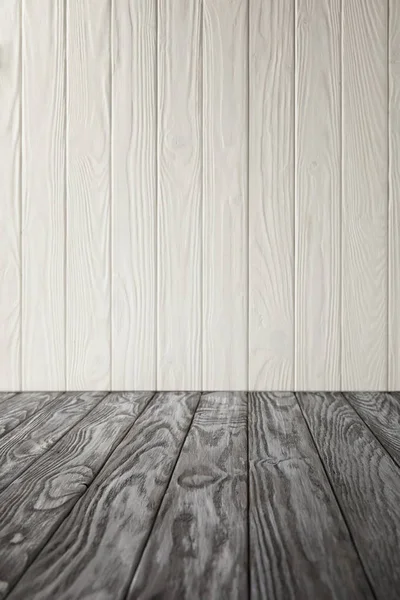 Grey Wooden Tabletop White Wooden Wall — Stock Photo, Image