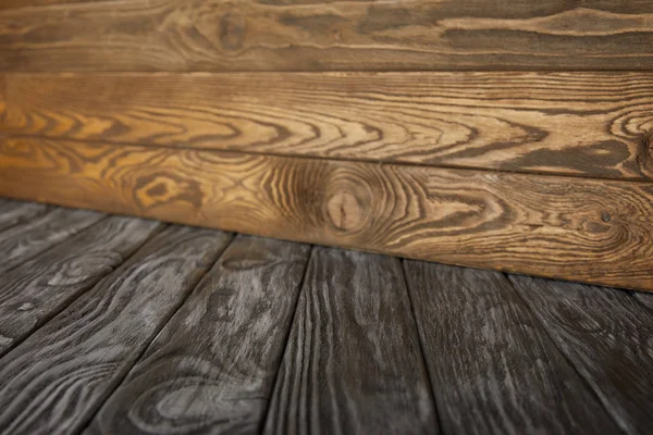 Grey Wooden Striped Floor Brown Wooden Wall — Stock Photo, Image