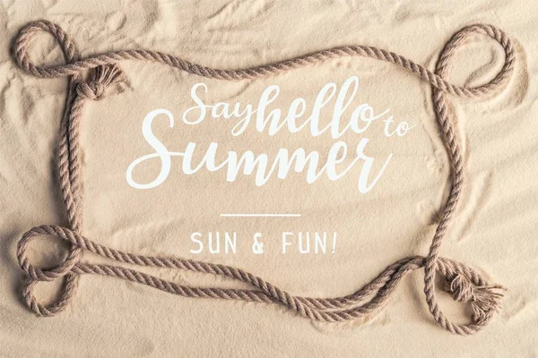 Frame Ship Rope Sandy Beach Say Hello Summer Lettering — Stock Photo, Image