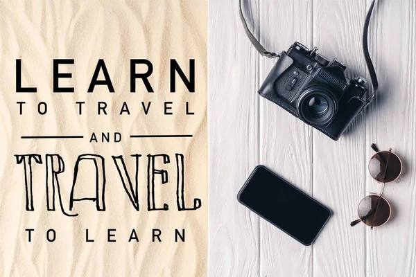智能手机与相机和太阳镜在码头上的轻沙与 学会旅行和旅行学习 — 图库照片