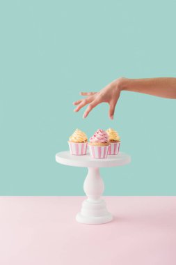cropped view of woman taking cupcakes from cake stand clipart