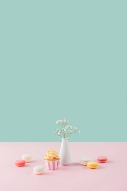 Vazoda Çiçekler pastel zemin üzerine Cupcake ve tatlı macarons 