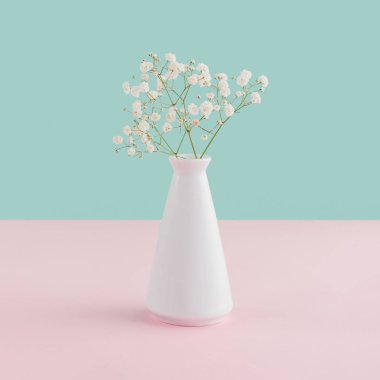 pastel pembe ve mavi zemin üzerine ihale çiçekli Beyaz vazo