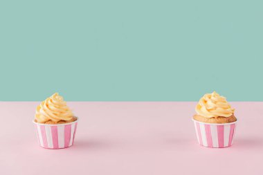 buttercream kopya alanı pastel zemin üzerine ile iki cupcakes