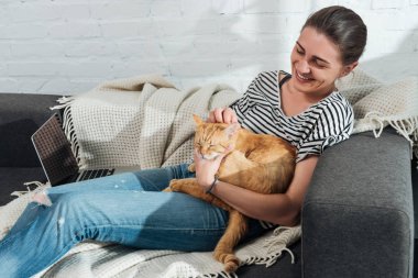 güzel mutlu genç kadın kanepe ve kırmızı okşayarak kedi üzerinde oturuyordu