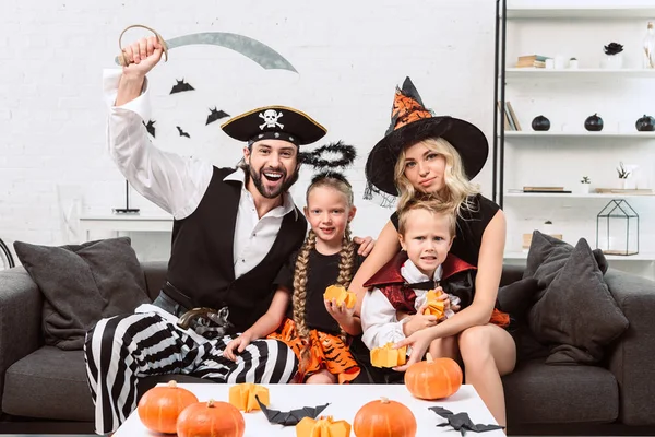 Portrait Family Various Halloween Costumes Coffee Table Pumpkins Home — Stock Photo, Image