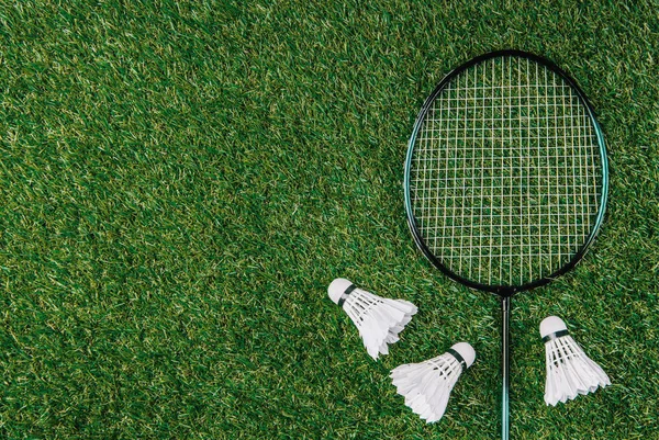 Tendido Plano Con Raqueta Bádminton Lanzaderas Dispuestas Sobre Hierba Verde — Foto de Stock