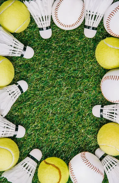 Top View Arrangement Badminton Shuttlecocks Tennis Baseball Balls Green Lawn — Stock Photo, Image
