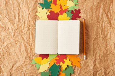 flat lay with blank notebook, pencil and colorful handcrafted paper leaves on crumpled paper background clipart