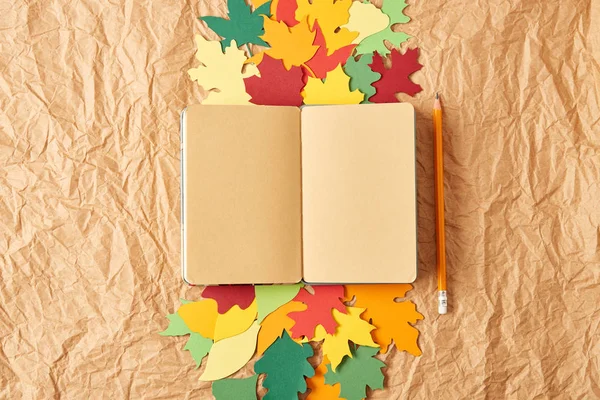 düz lay ile boş defter, kalem ve renkli el işi kağıt buruşuk Kağıt arka plan üzerinde bırakır