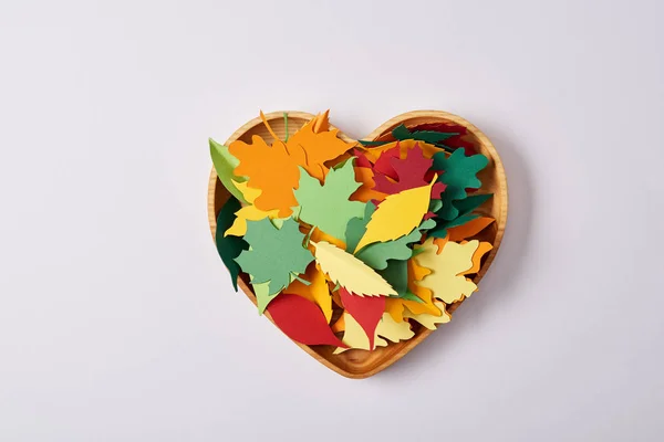 Top View Wooden Heart Shaped Box Colorful Handcrafted Leaves White — Stock Photo, Image