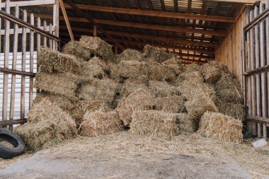 barn with stacked hay at farm in countryside clipart