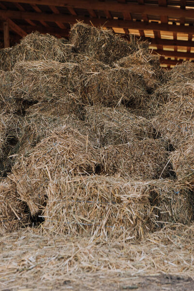 close up view of barn with stacked hay at farm  