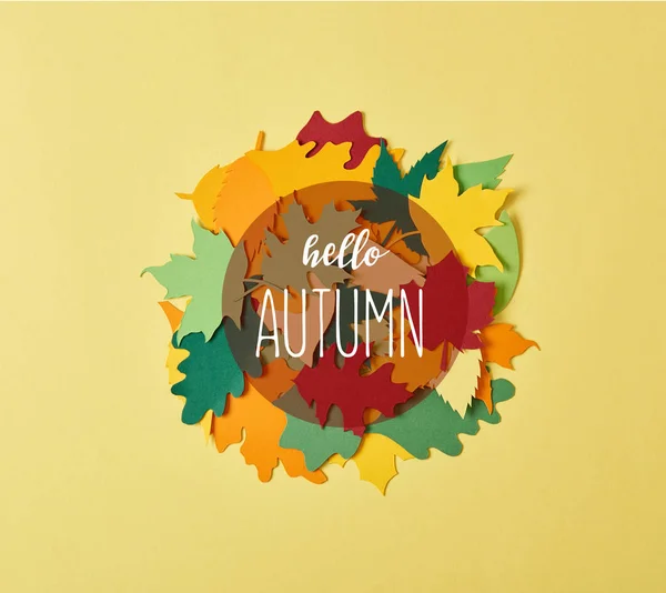 Flat Lay Colorful Papercrafted Foliage Hello Autumn Lettering Circle Yellow — Free Stock Photo