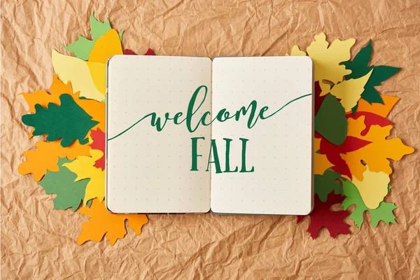 Top View Notebook Welcome Fall Lettering Colorful Handmade Paper Leaves — Stock Photo, Image