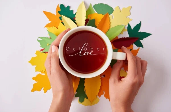 Partial View Woman Holding Cup Hot Tea October Love Inspiration — Stock Photo, Image