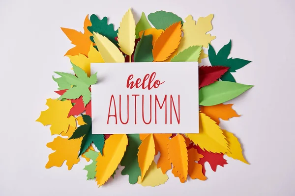 Flat Lay Paper Hello Autumn Inspiration Colorful Handcrafted Foliage Arranged — Stock Photo, Image