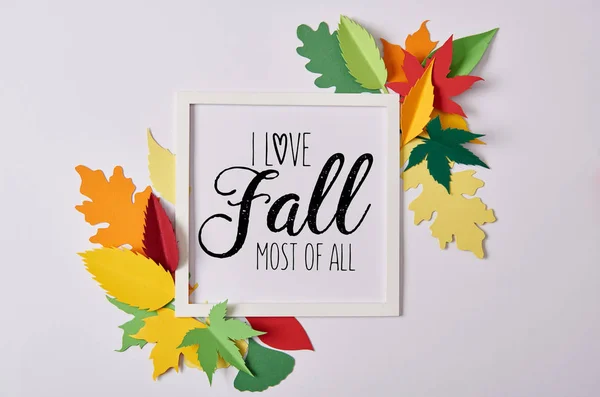 Flat Lay Handcrafted Paper Leaves Empty Frame Love Fall Most — Stock Photo, Image