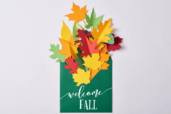 Top View Colorful Handcrafted Paper Leaves Green Envelope Welcome Fall — Stock Photo, Image