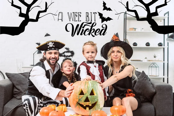 Portrait Family Various Halloween Costumes Coffee Table Pumpkins Home Wee — Stock Photo, Image