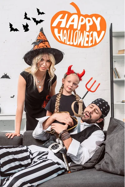 Portrait Family Halloween Costumes Home Happy Halloween Lettering — Stock Photo, Image