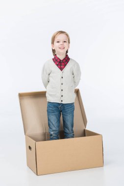 smiling boy standing in cardboard box isolated on white clipart