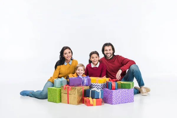 Smiling Parents Children Wrapped Presents Isolated White — Stock Photo, Image