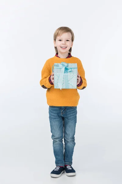 Smiling Boy Gift Box Looking Camera Isolated White — Stock Photo, Image