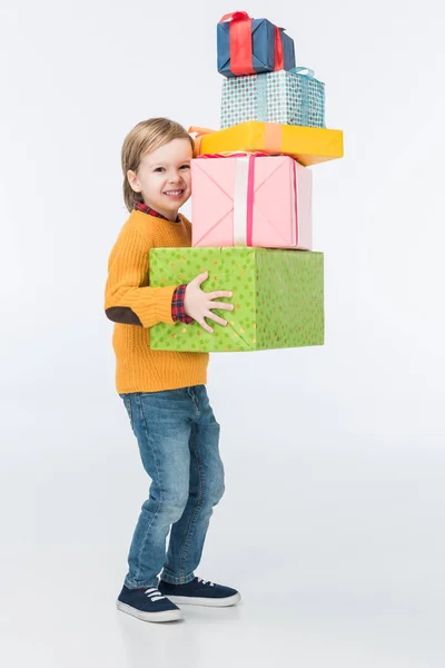 Smiling Boy Wrapped Gifts Isolated White — Stock Photo, Image