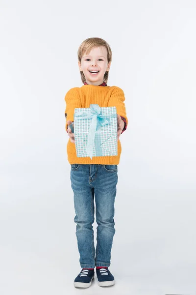 Happy Boy Gift Box Looking Camera Isolated White — Free Stock Photo