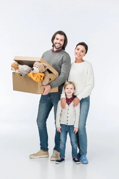 Smiling Father Holding Cardboard Box Toys Looking Camera Isolated White — Stock Photo, Image
