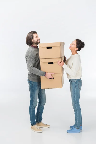 Smiling Couple Holding Stack Cardboard Boxes Isolated White — Stock Photo, Image