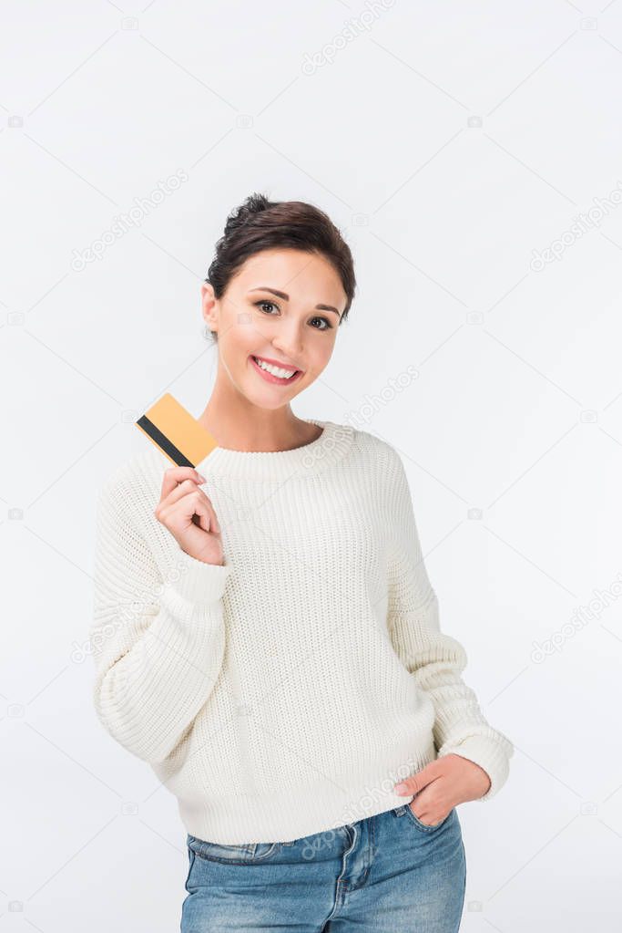 happy woman showing credit card isolated on white 