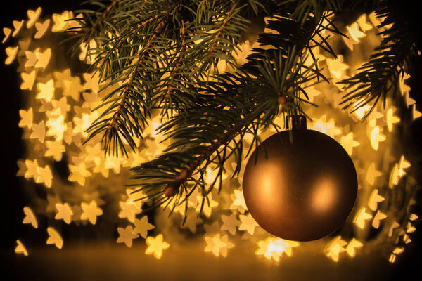 close up view of golden christmas ball hanging on pine tree with stars bokeh lights background