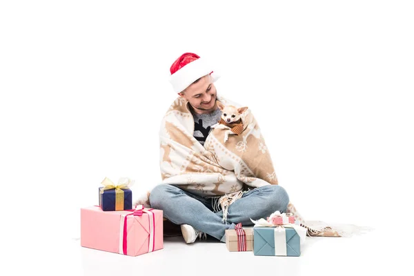 Happy Man Santa Claus Hat Chihuahua Dog Christmas Gifts Isolated — Stock Photo, Image
