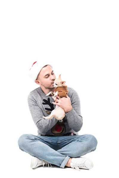 Joven Santa Claus Sombrero Besar Chihuahua Perro Suéter Aislado Blanco — Foto de stock gratis