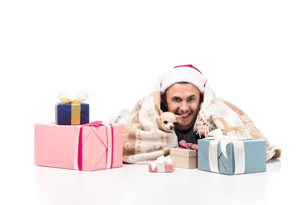 Hombre Feliz Sombrero Santa Claus Con Perro Chihuahua Regalos Navidad — Foto de Stock