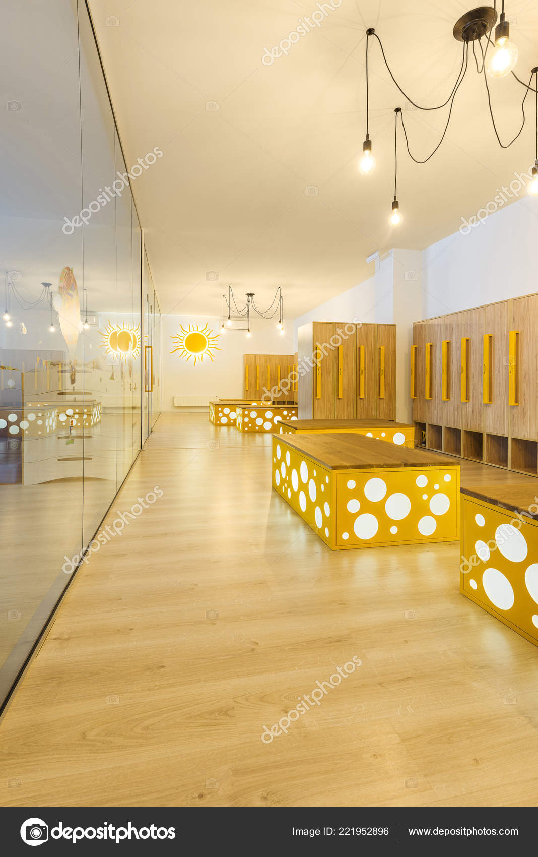 Wooden Lockers Benches Mirror Modern Illuminated Kindergarten