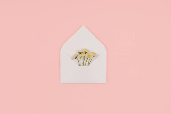 верхний вид открытого белого конверта с красивыми маленькими цветами изолированы на розовый
