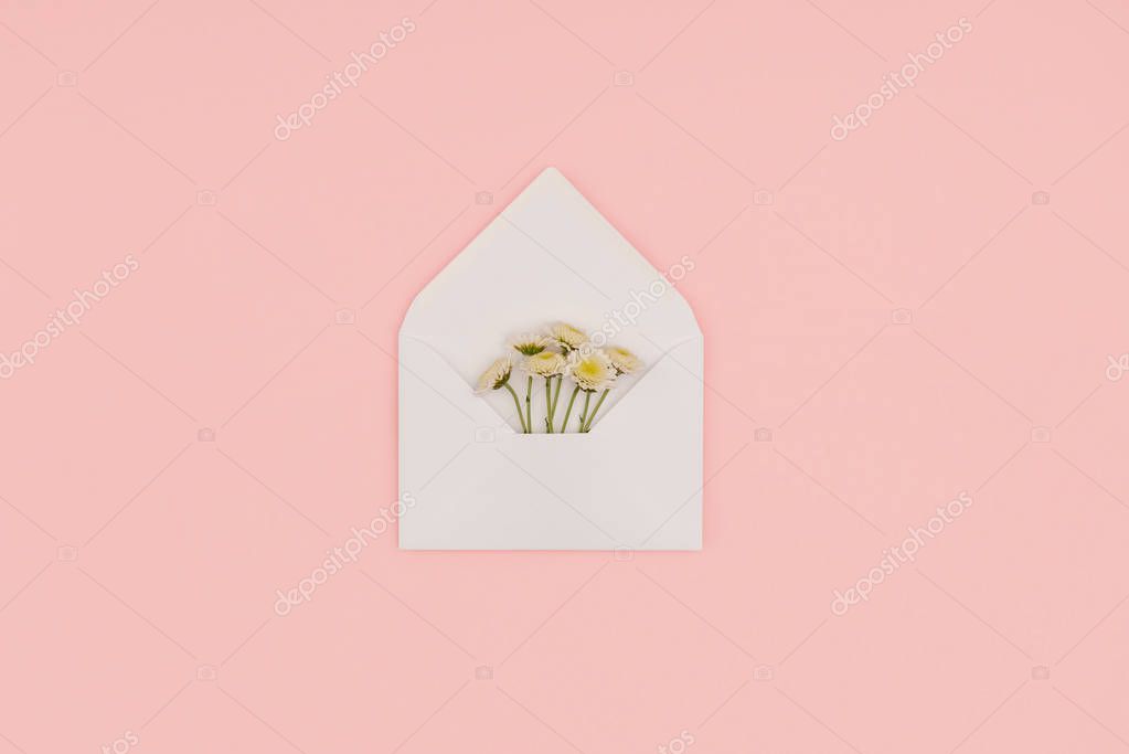 Top view of open white envelope with beautiful small flowers isolated on pink