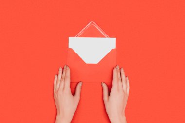 cropped shot of person opening envelope with card isolated on red clipart