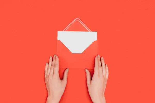 Cropped Shot Person Opening Envelope Card Isolated Red — Stock Photo, Image