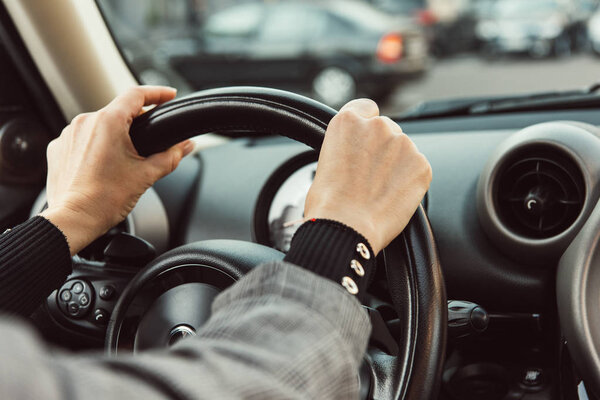 partial view of adult woman driving car 