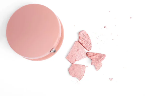 Top View Cracked Pink Blush Container Isolated White — Stock Photo, Image