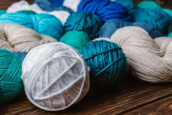 Close View White Blue Green Yarn Knitting Wooden Surface — Stock Photo, Image