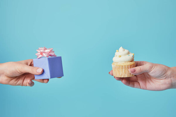 Partial voew of women holding delicious cupcake and gift on blue background