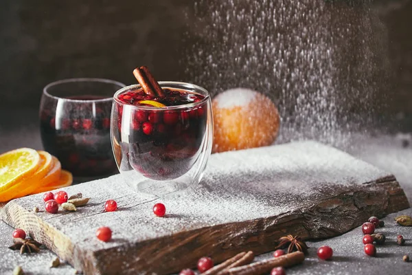 Tasty Homemade Mulled Wine Cranberries Falling Powdered Sugar Kitchen — Stock Photo, Image
