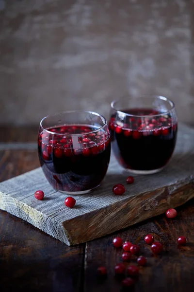 Two Glasses Homemade Mulled Wine Cranberries Wooden Stand Kitchen — Stock Photo, Image