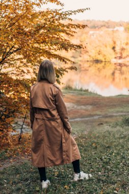 Back view of woman standing and looking at lake in autumn forest  clipart
